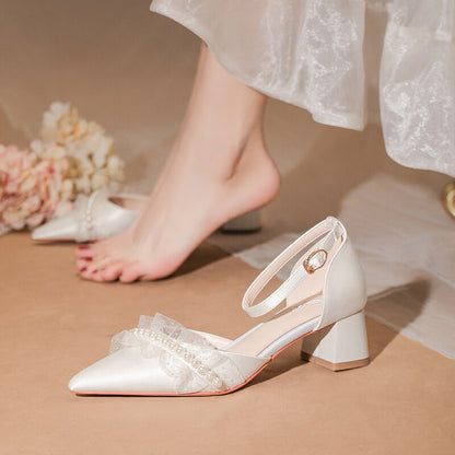 xiangtuibao Wedding Dress Wedding Shoes Thick Heels Summer Women's  New French Minority Bridal Shoes White Tiring Middle Heel Sandals