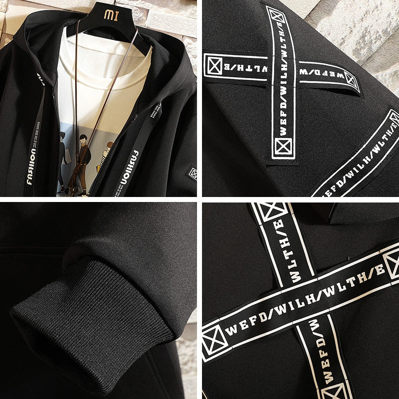xiangtuibao Spring Autumn Men Hooded Jackets Print Harajuku Windbreaker Ribbon Overcoat Male Casual Outwear Hip Hop Streetwear Coats