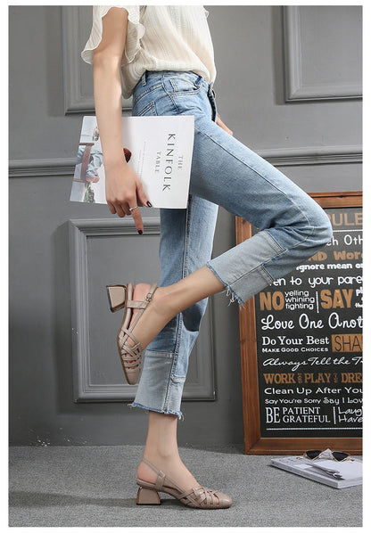 Women's plus Size Baotou Sandals Summer  New Style All-match Semi-High Heeled A- line Buckle Chunky Heel Hipster High Heels