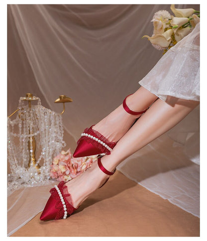 xiangtuibao Wedding Dress Wedding Shoes Thick Heels Summer Women's  New French Minority Bridal Shoes White Tiring Middle Heel Sandals