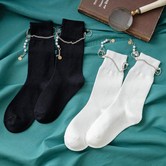 xiangtuibao Punk Pearl Chain Socks Women Long Cotton Socks Girls Streetwear Fashion Sock Ankle Female Dress Calcetines Meias