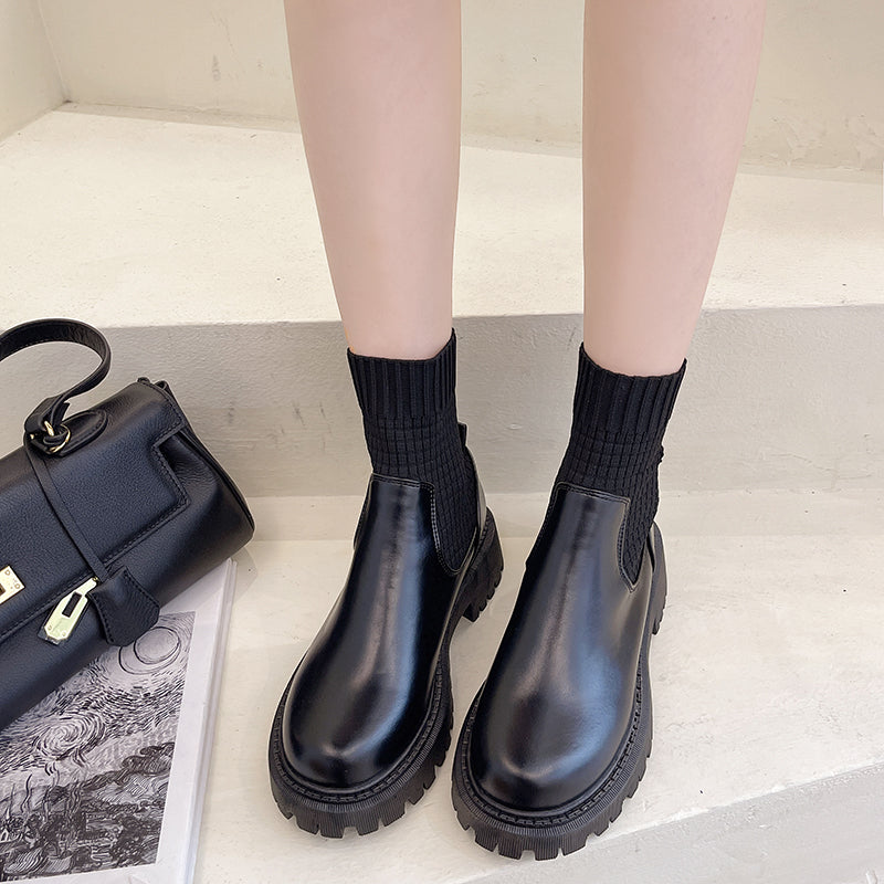 Fashion Knit Patchwork Platform Ankle Boots Women  Spring Non-slip Patent Leather Boots Woman Round Toe Square Heel Shoes