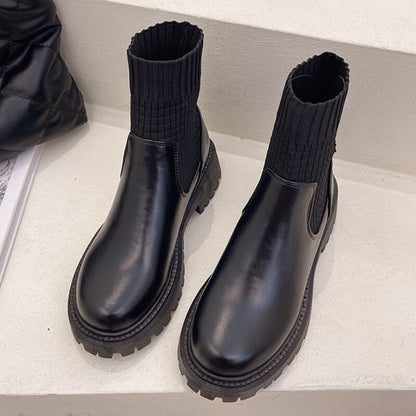 Fashion Knit Patchwork Platform Ankle Boots Women  Spring Non-slip Patent Leather Boots Woman Round Toe Square Heel Shoes
