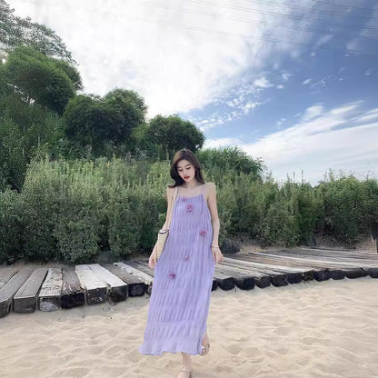 2025 Forest fairy purple niche suspender dress three-dimensional flower high-end romantic pleated holiday style dress summer