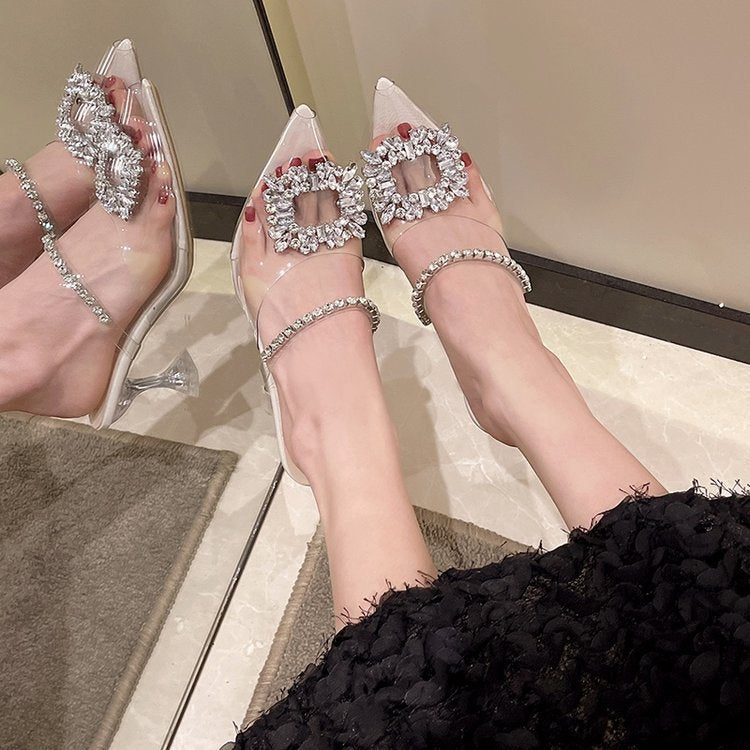xiangtuibao Pointed Toe High Heel Fashion Outdoor Sandals Women's  Summer New Korean Bag Rhinestone Ankle-Strap Stilettos Sandals