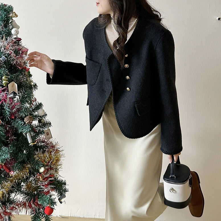 2025 Xiaoxiangfeng button decoration Maillard asymmetrical double-sided wool outer coat versatile temperament woolen coat new