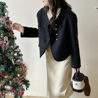2025 Xiaoxiangfeng button decoration Maillard asymmetrical double-sided wool outer coat versatile temperament woolen coat new