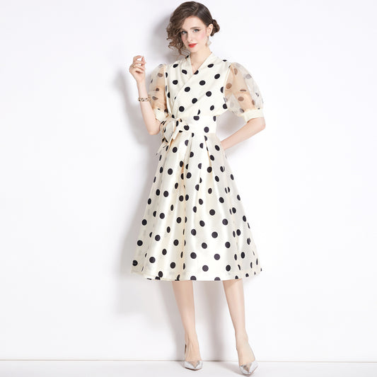 Polka dot dress women's popular summer new high-end  fashion waist and thin temperament strap long skirt