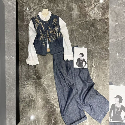 2025 Niche high-end embroidery washed denim vest spring and summer  new loose and thin linen trousers set