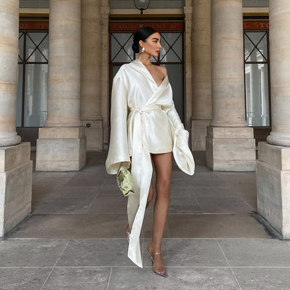 2025 Spring  sexy loose straps long-sleeved dress fashion satin dress skirt New short skirt women's clothing