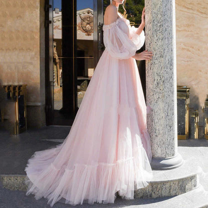 XIANGTUIBAO popular new 2025 Popular trade women's clothing wish one-word shoulder mesh long wedding dress big swing dress