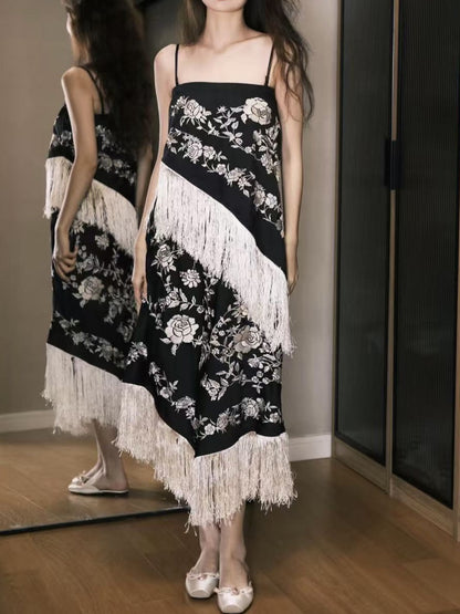 2025 retro fringed skirt vintage temperament high sense summer  new dress women