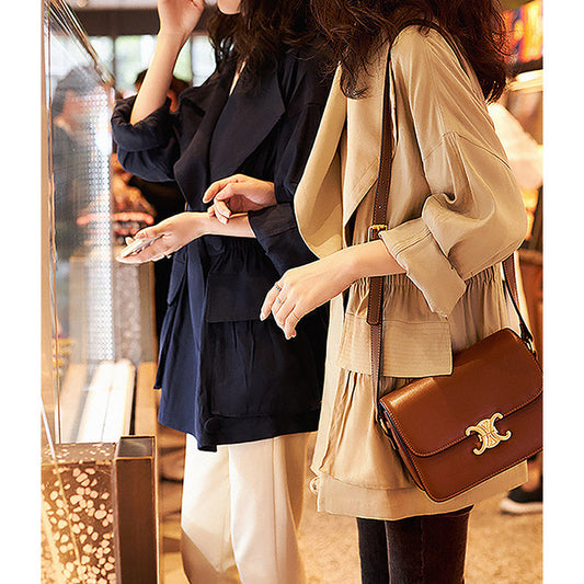 2025 Lapel linen tooling spring and autumn thin trench coat short, khaki navy blue  new spring women's clothing