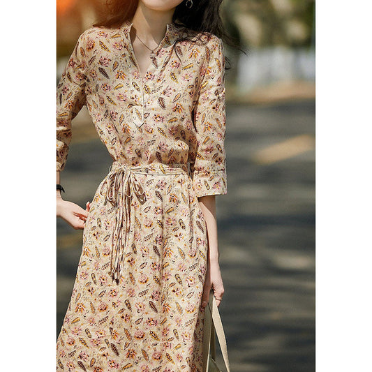 2025 waist thin linen floral dress, cotton and linen lisianthus skirt  spring and summer women's clothing new medium and long