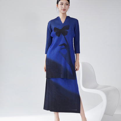 2025 Fashion Suit Women's Two-piece Suit High-end Retro Printed Medium and Long T-Shirt Top Split Skirt Autumn