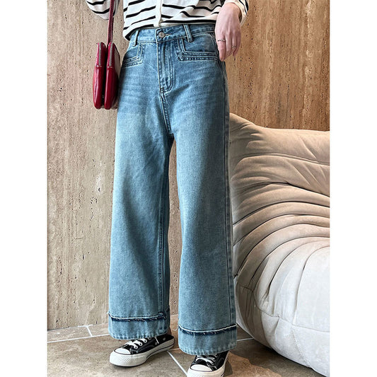 Luxi, splicing flanged fringed jeans women's popular new design sense small casual wide-leg pants 33030