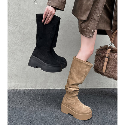 2025  Skinny wasteland wind big tube circumference black thick-soled knee boots women's popular new waterproof table high tube stacking boots