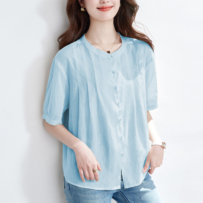 [Customized] Crew neck apricot shirt women's short sleeves  summer thin loose top Tencel shirt lining