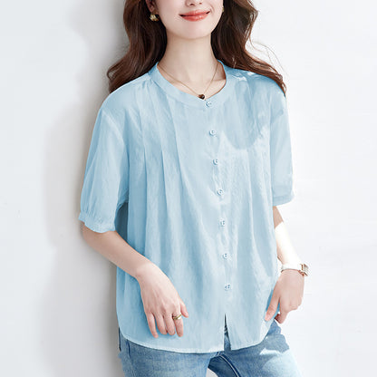 [Customized] Crew neck apricot shirt women's short sleeves  summer thin loose top Tencel shirt lining