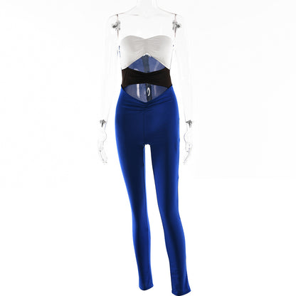 2025 popular tight sexy contrasting color hollow jumpsuit autumn hot-selling fashion tube top backless leggings women