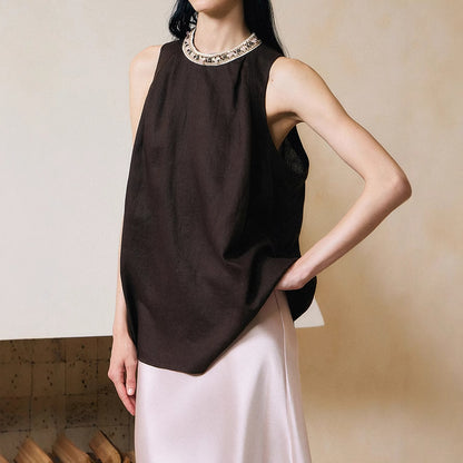 2025 Design Sense Loose Pattern Handmade Beaded Linen Sleeveless Shirt Top Women's  Summer