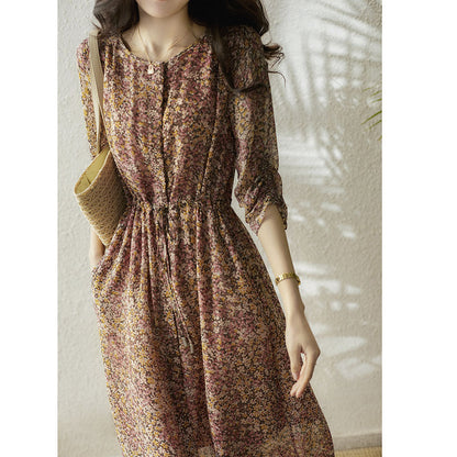 2025 High quality mulberry silk sweet silk floral dress shirt style lace-up drawstring summer  women's skirt