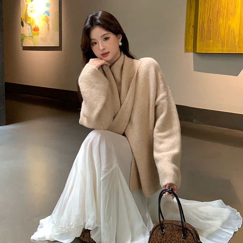 2025 Thirteen Lines Autumn and Winter New Temperament Wool Long Scarf Knitted Sweater Versatile Top Women 25154
