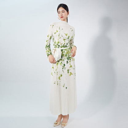 2025 Nanyou high-end women's clothing fashion pleated suit temperament slim-fit printed long-sleeved top A-word skirt two-piece set