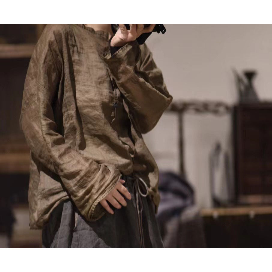 2025    23/3 Xiaochu, inner literary and retro light and thin ramie loose shoulder crew neck button-down shirt