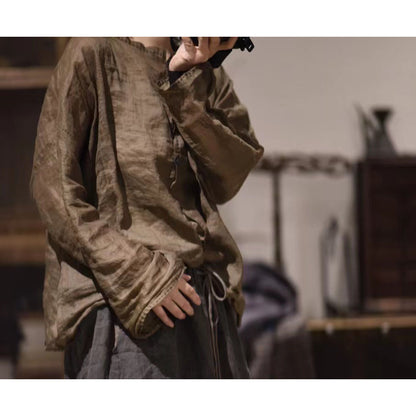 2025    23/3 Xiaochu, inner literary and retro light and thin ramie loose shoulder crew neck button-down shirt