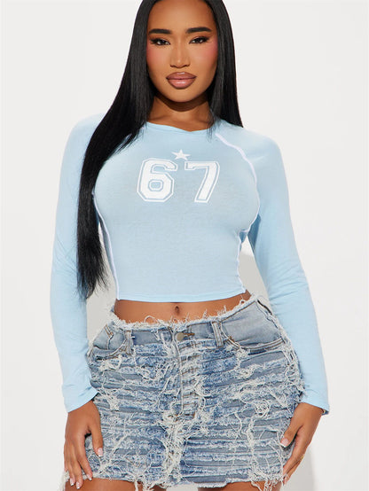 popular autumn new New  street fashion sports elastic retro simple printing long-sleeved top women