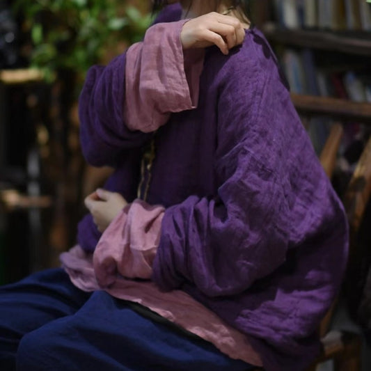 2025  Su Nian Weiyang SN24 literary and retro solid color versatile loose casual yarn-dyed linen jumper