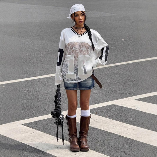 Popular,  and summer new women's clothing New Popular trade personalized trend wind printing lace perspective V-neck sweater