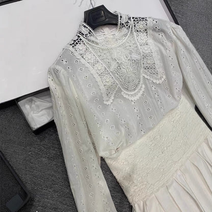 2025 ISA same style, niche design, heavy industry hollow embroidery crochet niche shirt + pleated skirt