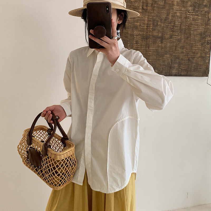 [Customized] Shirt girl  spring new high-count pure cotton classic blue and white stripes medium and long commuter workplace