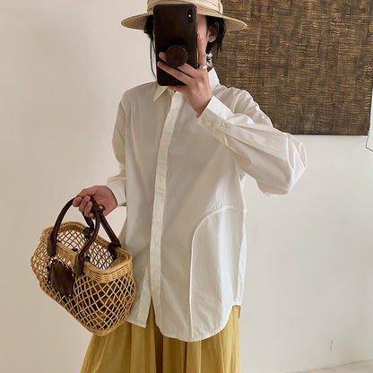 [Customized] Shirt girl  spring new high-count pure cotton classic blue and white stripes medium and long commuter workplace