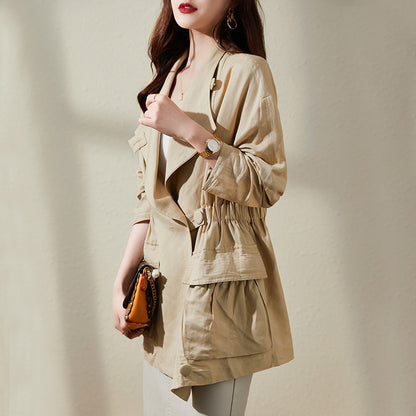 2025 Linen trench coat women's  new spring short short spring thin coat trendy high-quality women's clothing