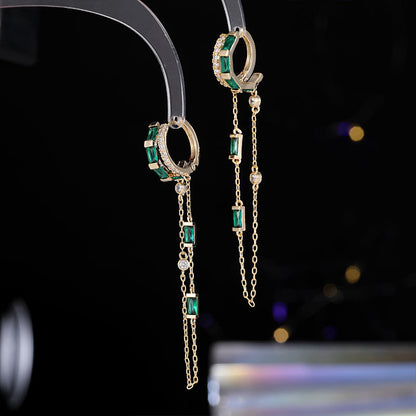 2025 Niche design sense retro earrings square zircon long temperament ear buckle tide unique gold chain fringed earrings