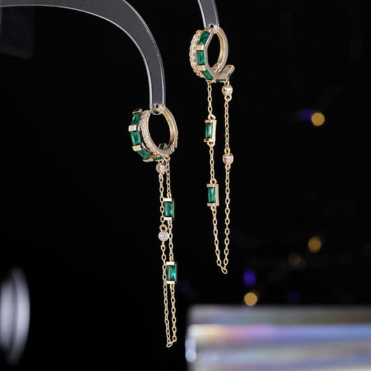 2025 Niche design sense retro earrings square zircon long temperament ear buckle tide unique gold chain fringed earrings