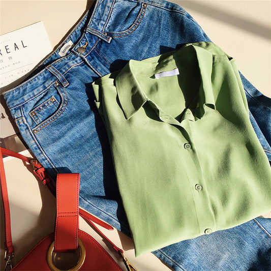 2025 Heavy mulberry silk avocado solid color shirt  summer new sand washed silk shirt temperament long sleeve women's clothing
