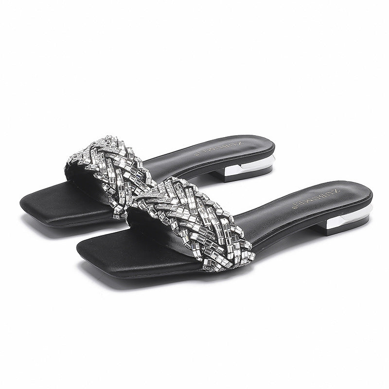 2025 268-1  beautiful rhinestone slippers female summer wear one word square head flat bottom cool slippers female Internet celebrity skirt