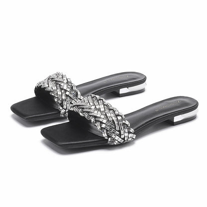 2025 268-1  beautiful rhinestone slippers female summer wear one word square head flat bottom cool slippers female Internet celebrity skirt