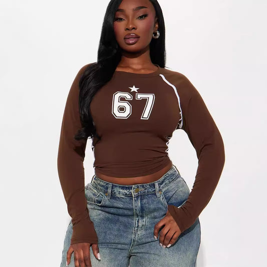 popular autumn new New  street fashion sports elastic retro simple printing long-sleeved top women