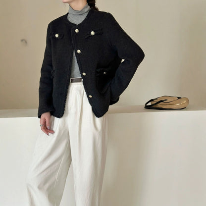 2025 Solid color rough edge small fragrant wind round neck single-breasted front shoulder hand-sewn short double-sided nylon wool woolen coat coat women
