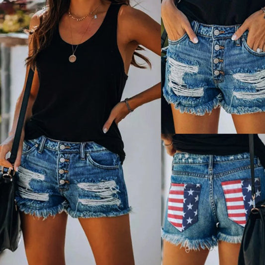 2025 New Explosive Butt Pocket Printing Ripped Large Size Denim Shorts Women