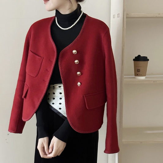 2025 Xiaoxiangfeng button decoration Maillard asymmetrical double-sided wool outer coat versatile temperament woolen coat new