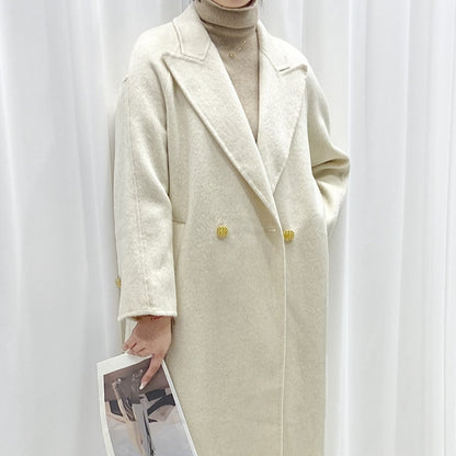 2025 Long-haired mulberry silk wool suit collar two buttons sleeves cracked double-sided cashmere coat blue woolen coat women