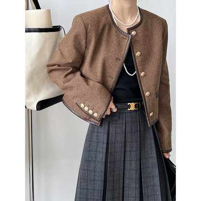 Luxi,  Xiaoxiangfeng jacket for women's  early spring new pu leather splicing retro thousand bird grid top 5585