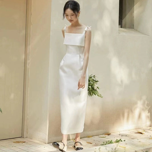 2025 Get the certificate and register the small white dress, high-end engagement dress, white banquet evening dress, women's suspender satin light wedding dress.
