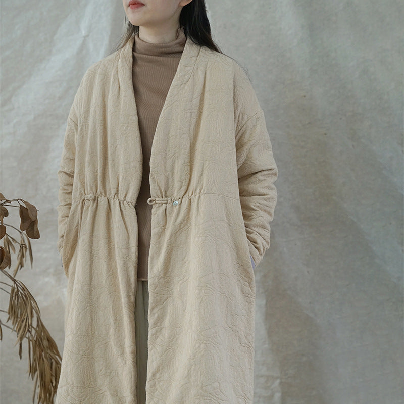 national style Zen jacquard thickened long cotton-padded coat, new Chinese elegant dark pattern jacquard extended cotton-padded coat M21439